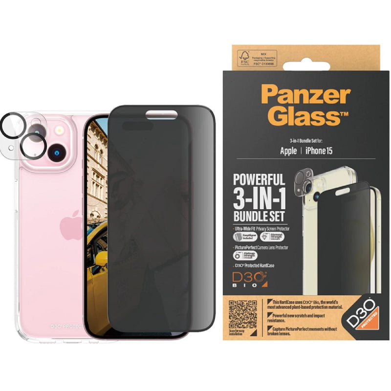 PanzerGlass Ultra Wide Fit with D3O Bundle Tempered Glass Screen Protector for Apple iPhone 15 - Privacy