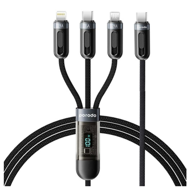 Porodo 3-IN-1 Digital-Display Fast Charging 1.2M Cable C to C+L+M - Black