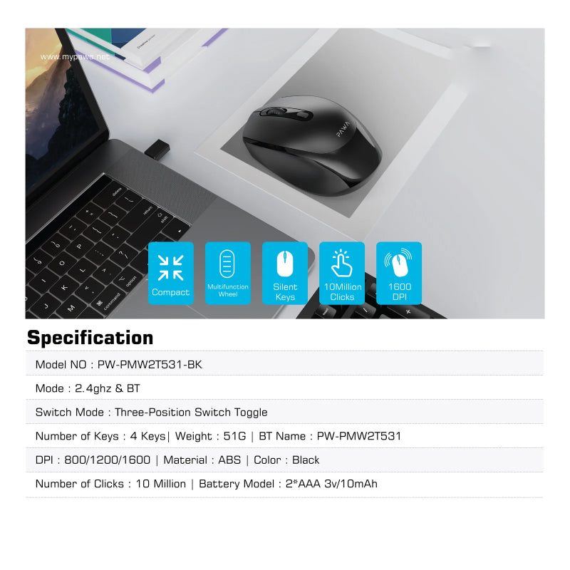 ماوس  لاسلكي ماوس  1600 نقطة في البوصة  بلوتوث  2.4 جيجاهرتز / أسود