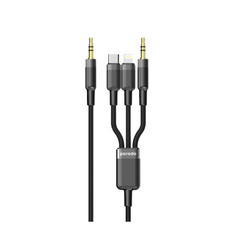 Porodo Multi-Device Cable - AUX 3.5mm / Type-C / Lightning / 1.2 Meter / Black