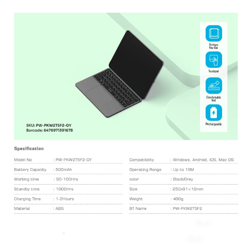Pawa Portable Foldable Wireless Keyboard With Touchpad - Black/Grey