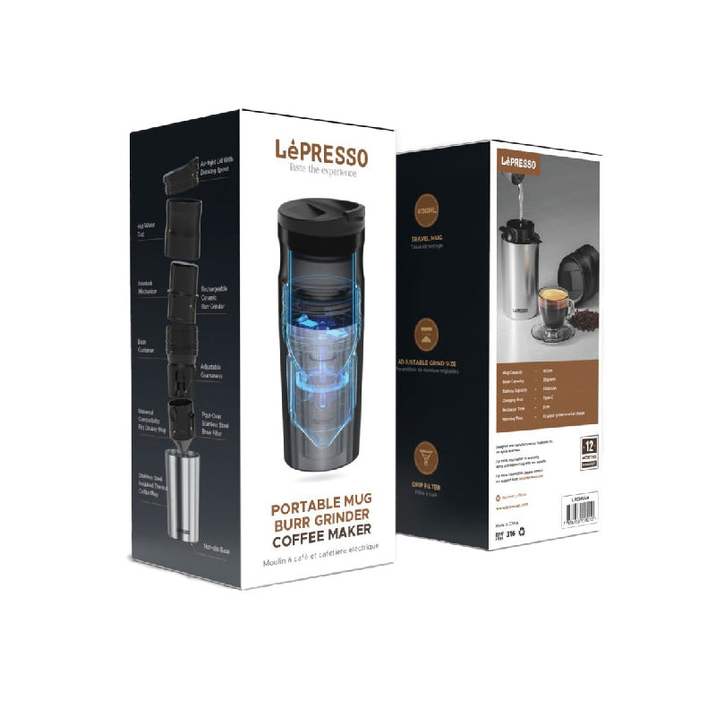 LePresso Portable Mug Burr Grinder Coffee Maker - Black