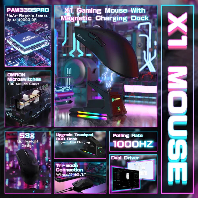 ATTACK SHARK X1 Tri-mode Gaming Mouse With Touchpad RGB Charging Dock PAW3395PRO Sensor - Black