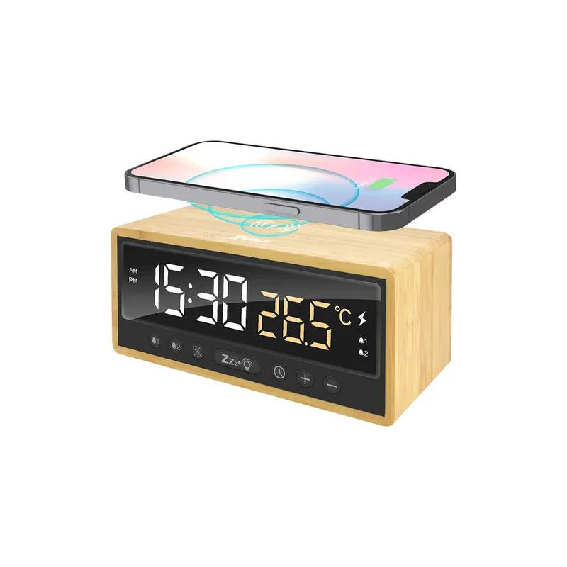 XPower QIC5 4 In 1 Bamboo Alarm Clock With Wireless Charger - 15W / Brown