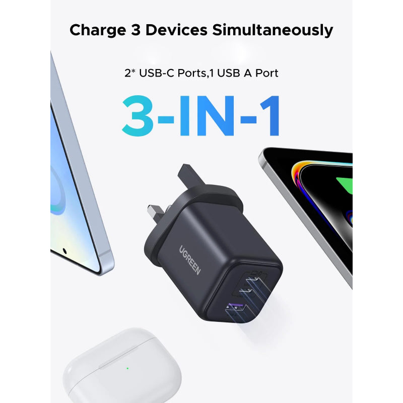 UGREEN 3-Port Fast Charger - 45W / USB-A / USB-C / Black