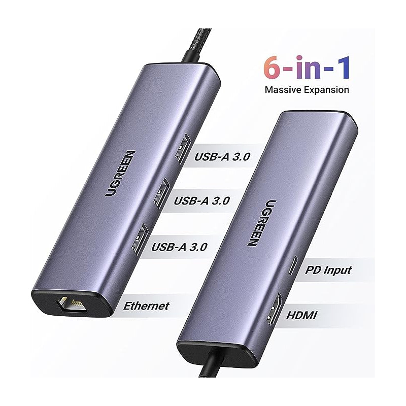 Ugreen 6-in-1 USB-C Hub (100W PD, 4K@30Hz HDMI)