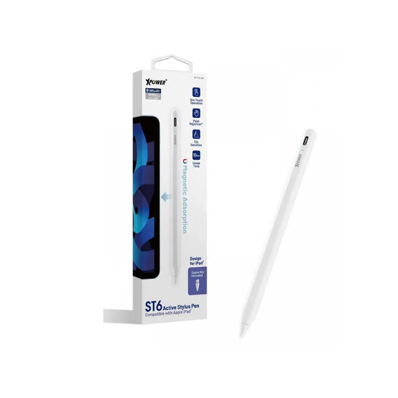 XPower ST6 Magnetic Active Stylus Pencil Compatible With Apple iPad with one extra nib - White