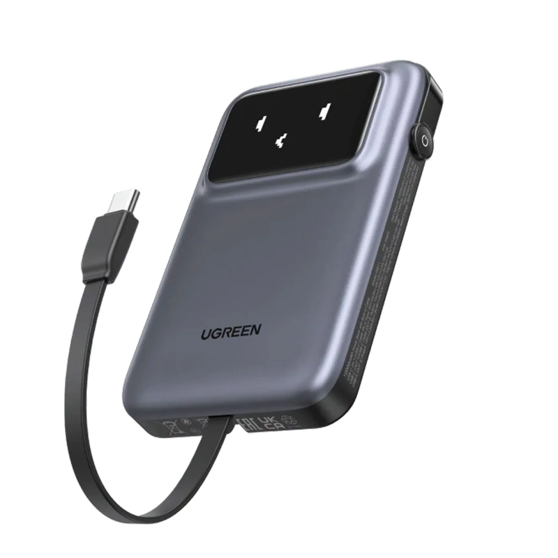 UGREEN Power Bank with Built-in Cable - 10,000mAh / USB-C / USB-A / Grey