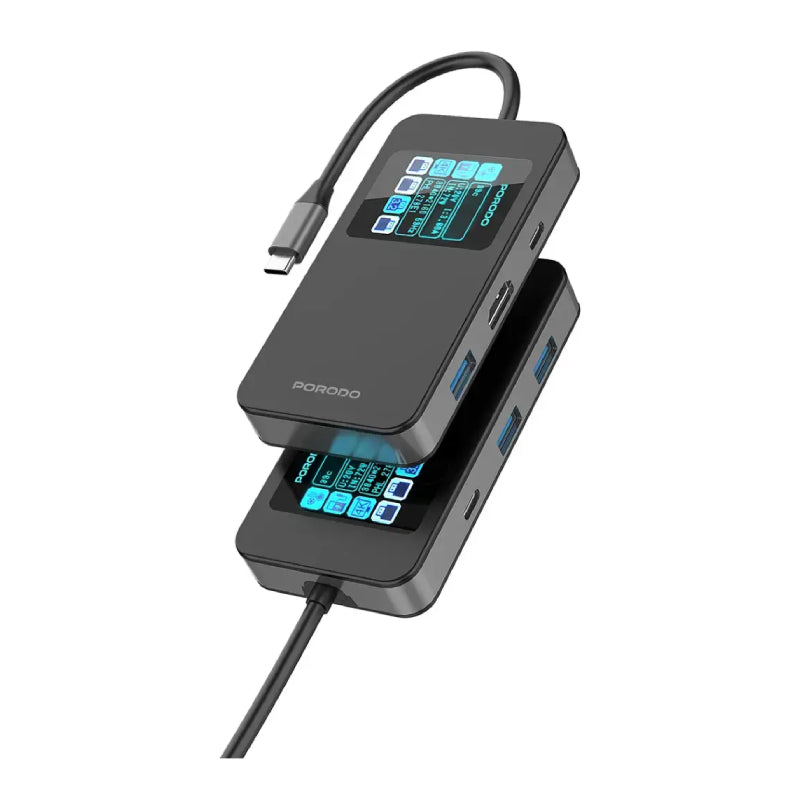 Porodo 6-في-1منفذ يو اس بي موزع مع شاشة رقمية ذكي شاشة  رمادي