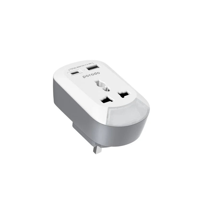 Porodo Universal AC Socket UK Plug Adapter - USB-A / USB-C / White