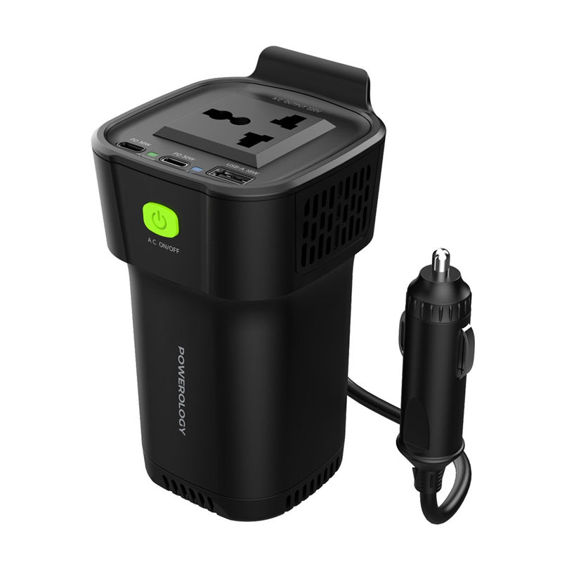 Powerology 150W Cup Holder Power Inverter - 12W / USB-A / USB-C - Black