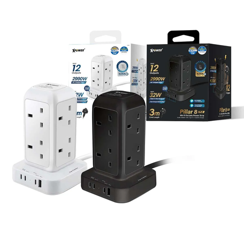 XPower Pillar 8 PL8 Mini 12 Outout Surge Power Strip - 3 Meter / Black