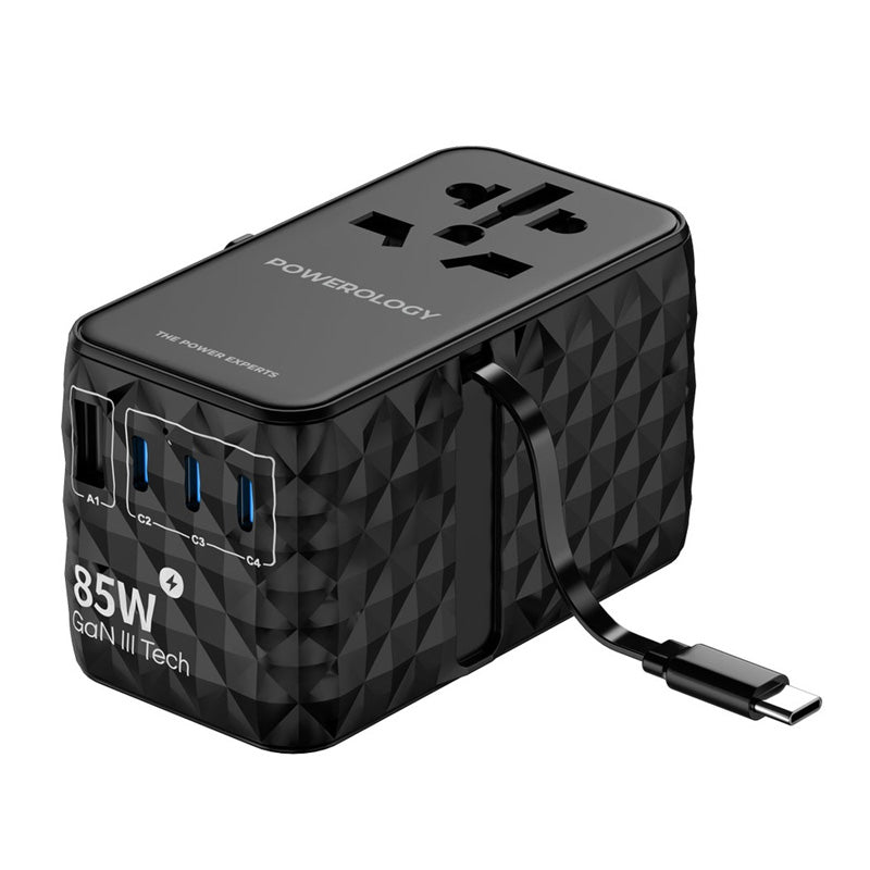 Powerology 4-Port Universal GaN Travel Adapter - USB / Type-C - Black