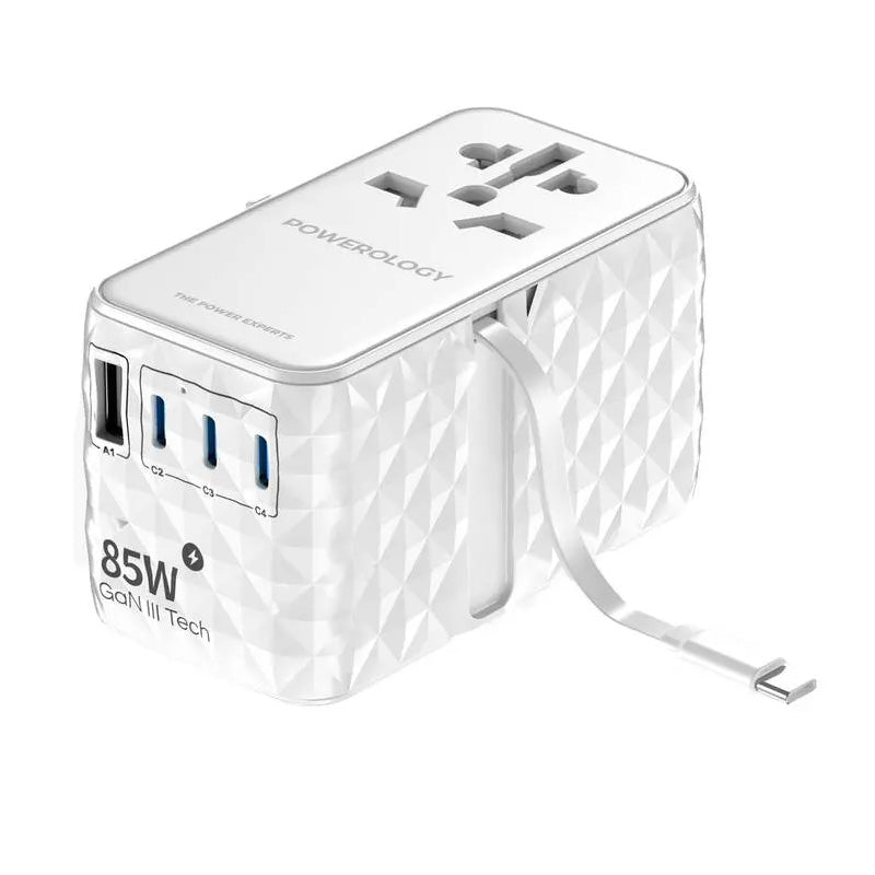 Powerology 4-Port Universal GaN Travel Adapter - USB / Type-C - White