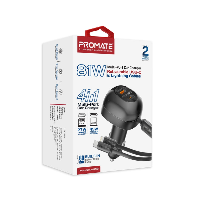 Promate PowerDrive-RCi81 Multi-Port Car Charger with Retractable USB-C & Lightning Cable - 81W / 0.8 Meter / Black