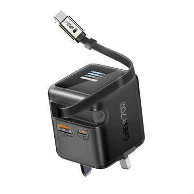 Promate Cubix-R70 GaNFast Wall Charger with Retractable USB-C Cable - 70W / 0.8 Meter / Black