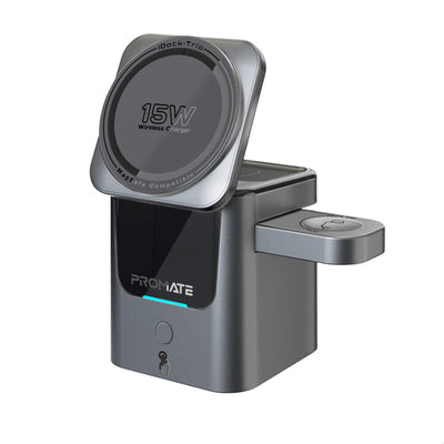 Promate iDock-Trio 3-in-1 Ultra-Compact Auto-Fold MagSafe Wireless Charging Station - 15W / 1 Meter / Black