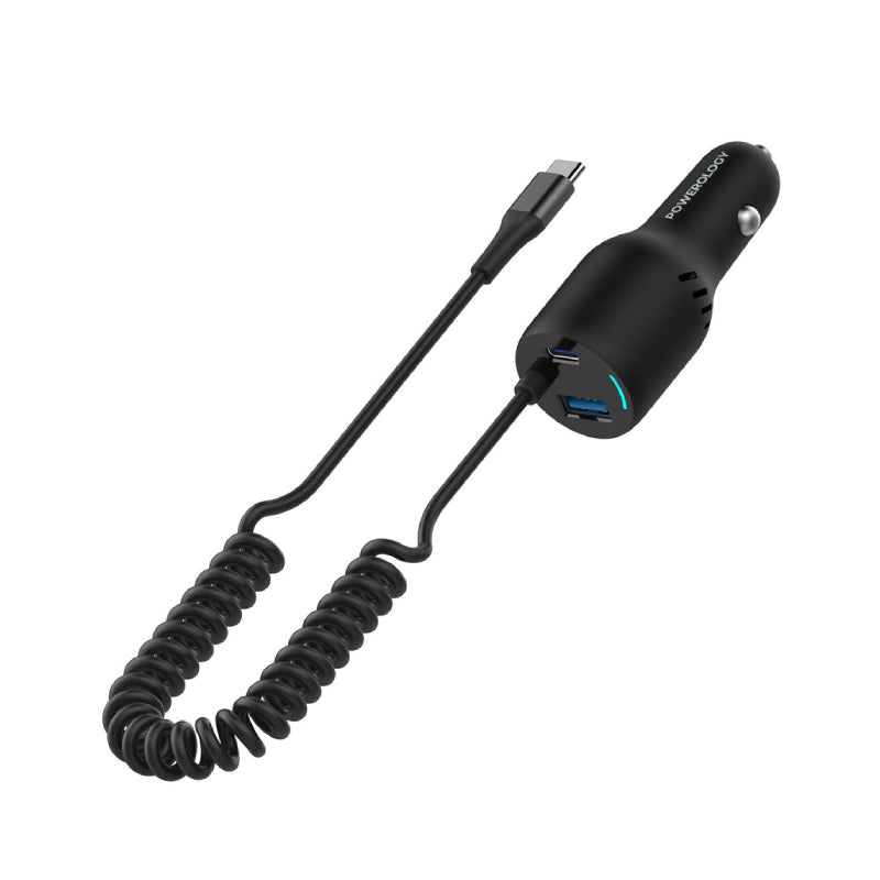 Powerology Dual Ports Car Charger With Coiled Cable - 45W / Black