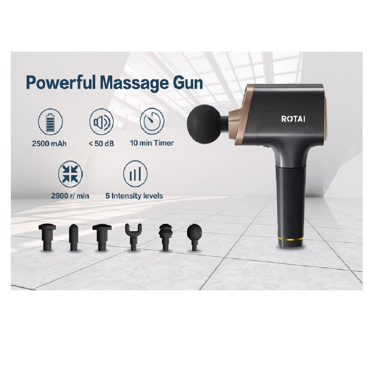 Rotai Big Massage Gun – 3 Modes, 6 Attachment - RT1052