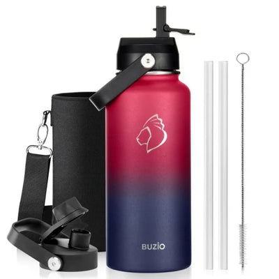 Buzio Duet Series Water Bottle with 2 Lids and Sleeve 1.2L - Ruby Red Navy