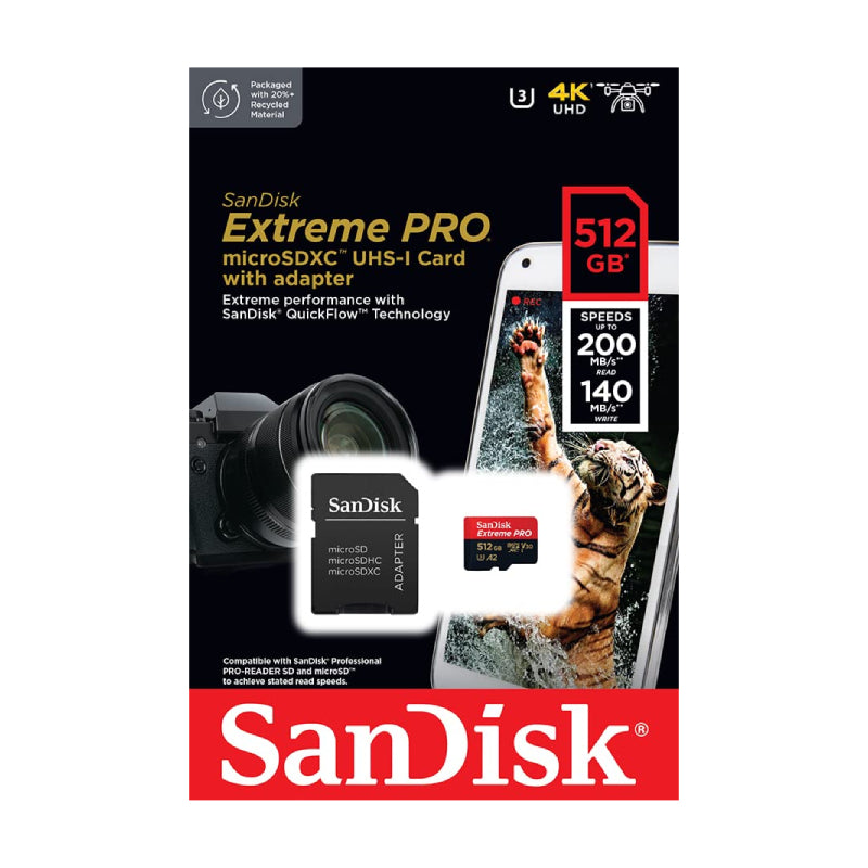 SanDisk Extreme برو microSDXC UHS-I بطاقة مع محول - 512 جيجابايت / فوق إلى 200 ميجابايت/ثانية