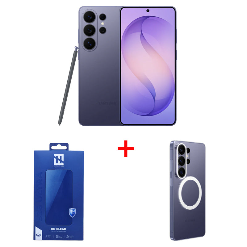 Bundle Offer - Samsung Galaxy S26 Ultra - 512GB / 6.9" Quad HD+ / Wi-Fi / 5G / Cobalt Violet - Mobile + Samsung Galaxy S26 Ultra Clear Magnet Case - Transparent + Elephant Horn HD Clear Premium Tempered Glass For Samsung Galaxy S26 Ultra - Clear