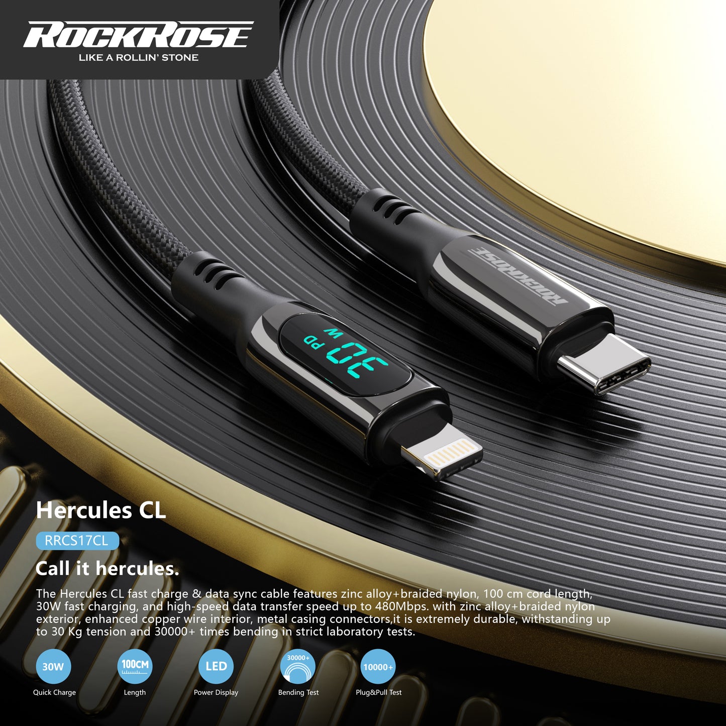 RockRose Transparent 27W Fast Charging Cable with Digital Power Display USB-C to Lightning - Black