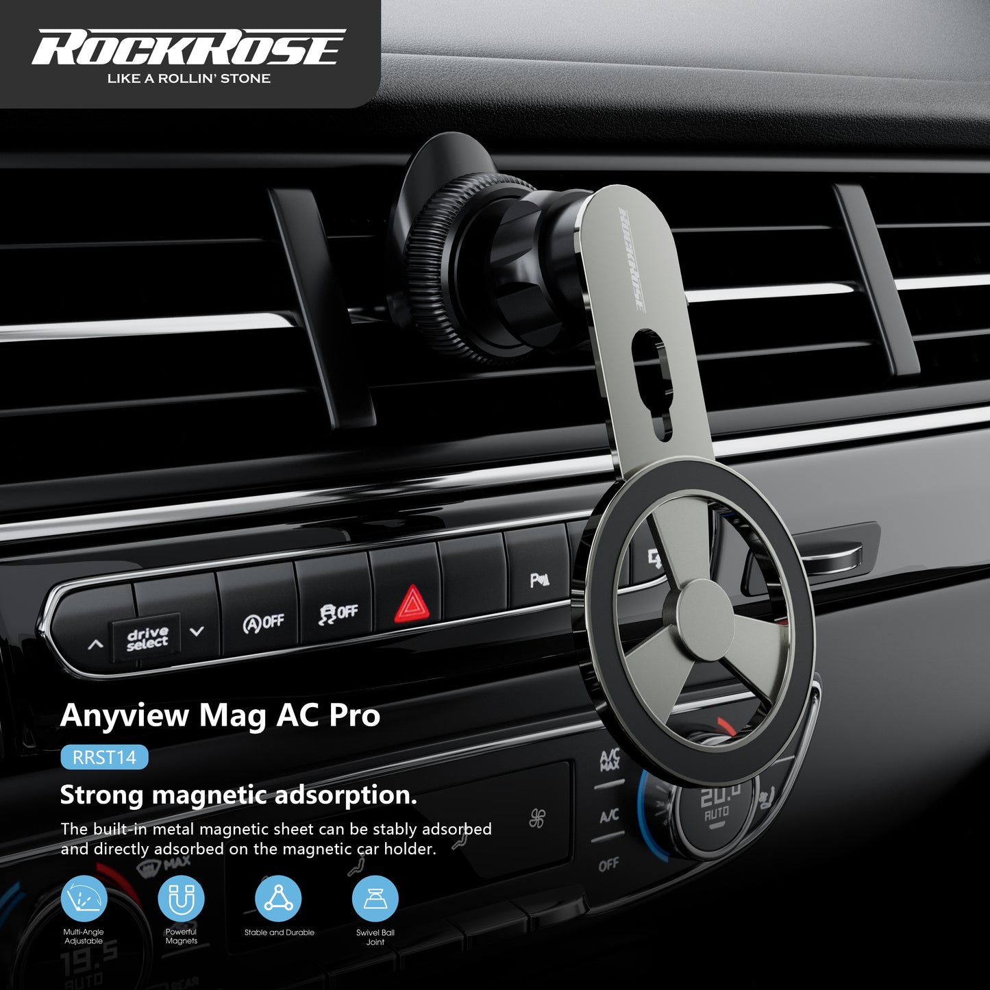Rockrose 360° Rotatable & Foldable Anyview Mag AC Pro Air Vent Magnetic Phone Holder - Black