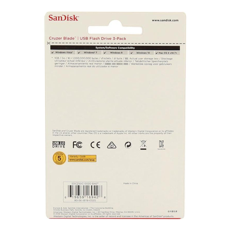 SanDisk Cruzer Blade Flash Drive - 32GB / USB 2.0 / Pack of 3