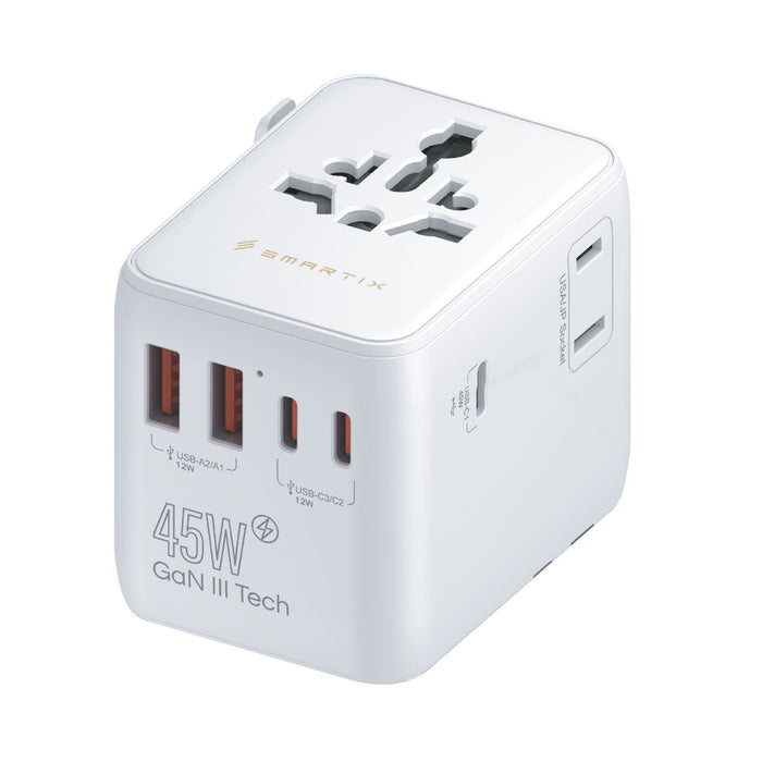 Smartix Premium International Travel Adapter - 45W PD / USB-A / USB-C / White