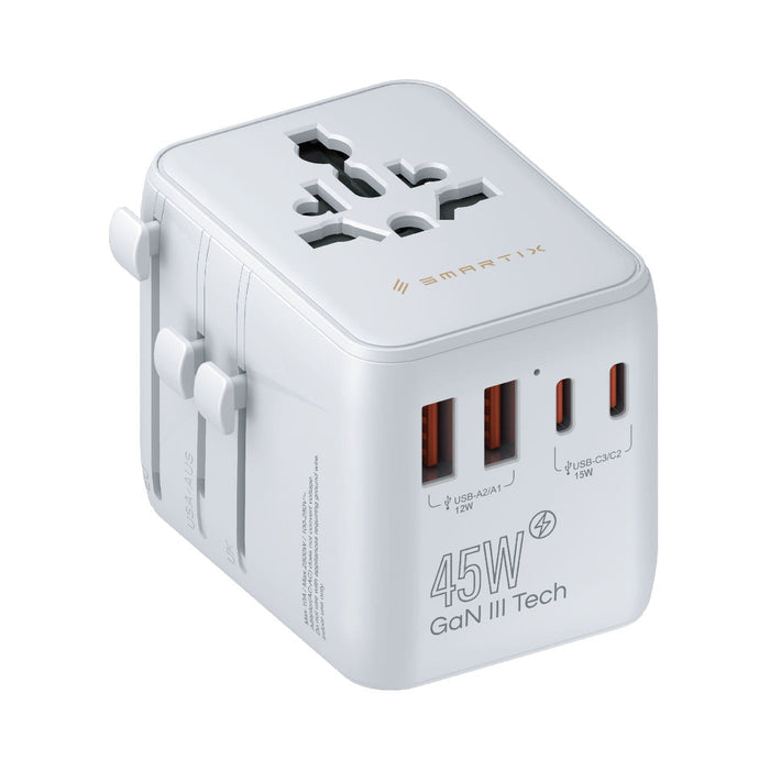 Smartix Premium International Travel Adapter - 45W PD / USB-A / USB-C / White
