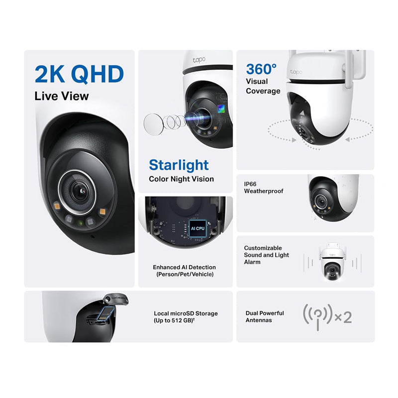 TP-Link (Tapo C520WS) Outdoor Pan/Tilt Security Wi-Fi Camera - 4MP / H.264 / 1440p Full HD / 2.4 GHz - White