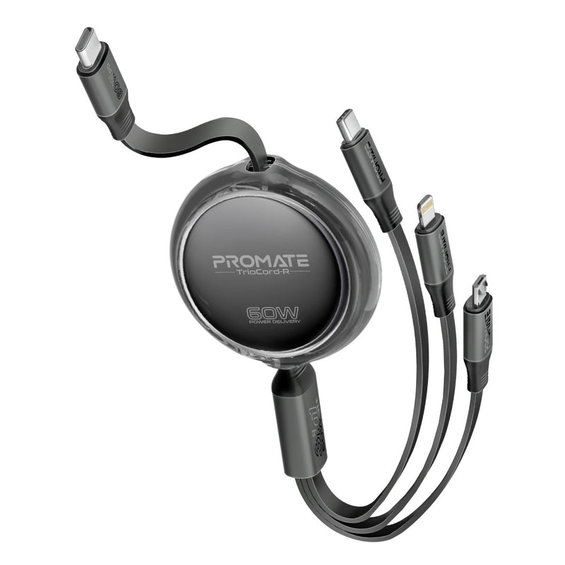 Promate TrioCord-R 3-in-1 Ultra-Fast Retractable Multi-Connector Cable - 1.1 Meter / USB-C / Lightning / Micro-USB / Black