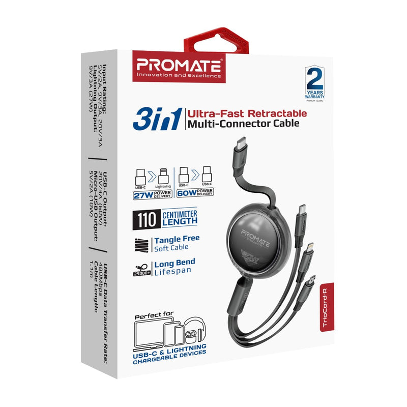 Promate TrioCord-R 3-in-1 Ultra-Fast Retractable Multi-Connector Cable - 1.1 Meter / USB-C / Lightning / Micro-USB / Black