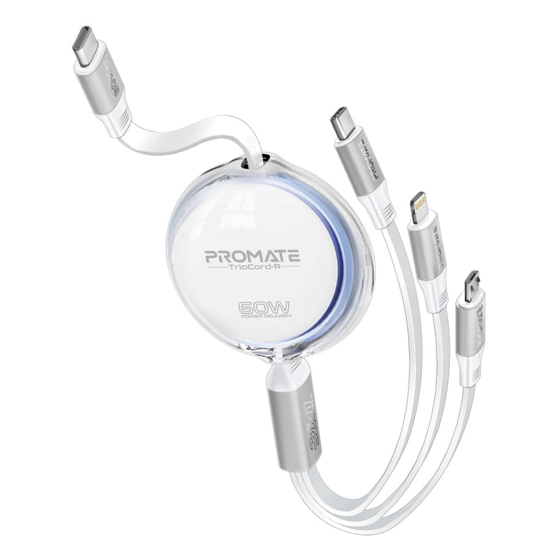 Promate TrioCord-R 3-in-1 Ultra-Fast Retractable Multi-Connector Cable - 1.1 Meter / USB-C / Lightning / Micro-USB / White