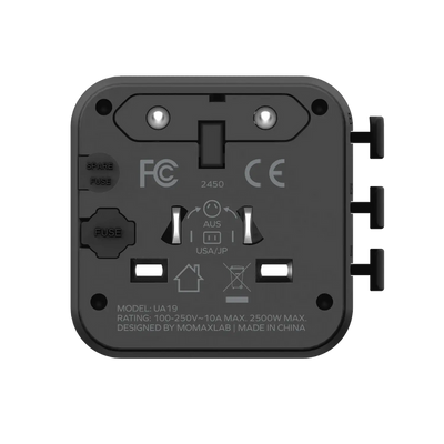 MOMAX Universal Travel Charger with Dual AC - USB-A / USB-C / Black