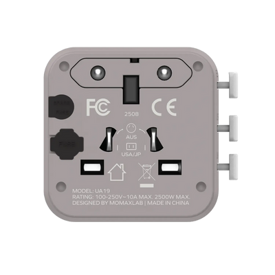 MOMAX Universal Travel Charger with Dual AC - USB-A / USB-C / Grey