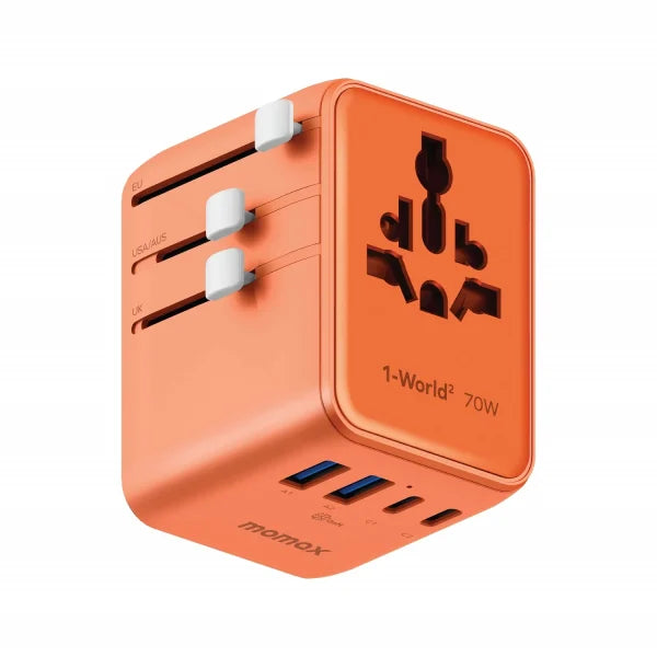 MOMAX 5-Port Mini Universal Travel GaN Charger with Dual AC - 70W / USB-A / USB-C / Solar Orange