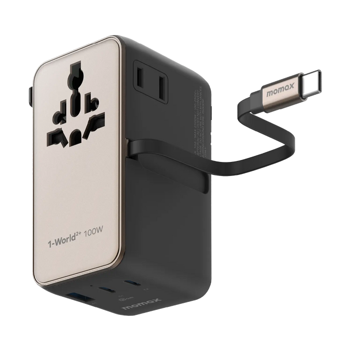 MOMAX 4-Port Mini Universal Travel GaN Charger with Built-In Cable with Dual AC - 100W / USB-A / USB-C / Titanium