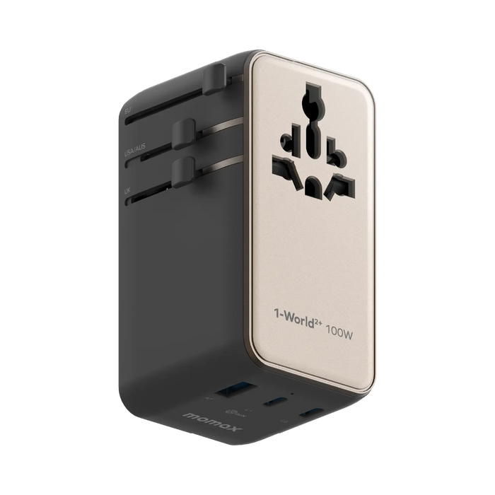 MOMAX 4-Port Mini Universal Travel GaN Charger with Built-In Cable with Dual AC - 100W / USB-A / USB-C / Titanium