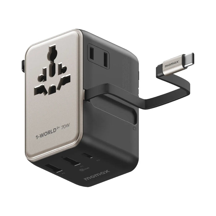 MOMAX 1-World2+ 3-Port Dual AC Travel Adapter with Built-in retractable Cable - 70W / USB-A / USB-C / Titanium