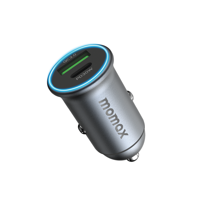 MOMAX MoVe Dual-Port Car Charger - 30W / USB-A / USB-C / Grey