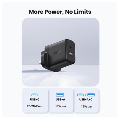 UGREEN UK 2-Port Fast Charger - 20W / USB-C / USB-A / Black