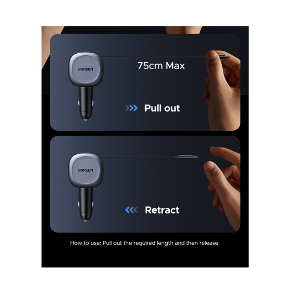 شاحن سريع يوجرين مع  كابل مع  كابل  75 واط / يو اس بي/ يو اس بي/ رمادي فاتح