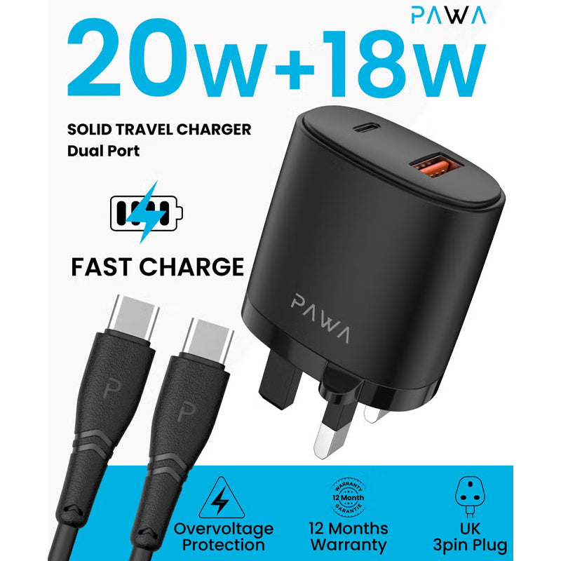 Pawa Dual Port Wall Charger PD + QC3.0 20W UK with Type-C to Type-C Cable - Black