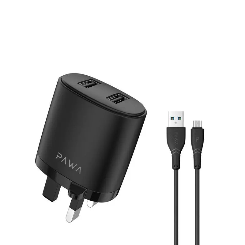 Pawa Solid Travel Charger Dual USB Port 2.4A With Micro Cable - Black