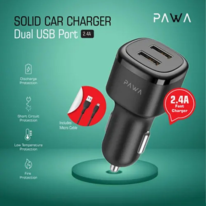 Pawa Car Charger 2.4A Auto Identification with Type-C Cable - Black