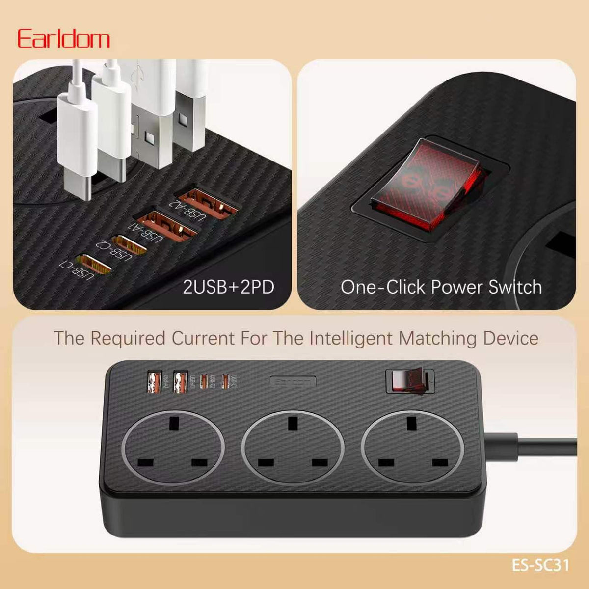 Earldom SC31 Multi-Socket Power Strips- Black (Gmark Approved)