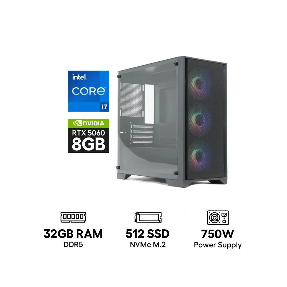 Customize PC - i7 / 32GB / 512GB (M.2 SSD) / GeForce RTX 5060 8GB + Redragon S101-3 Wired Keyboard & Mice Combo + HyperX Pulsefire Mat Gaming Mouse Pad + GameOn - 24" FHD Monitor - Bundle Offer