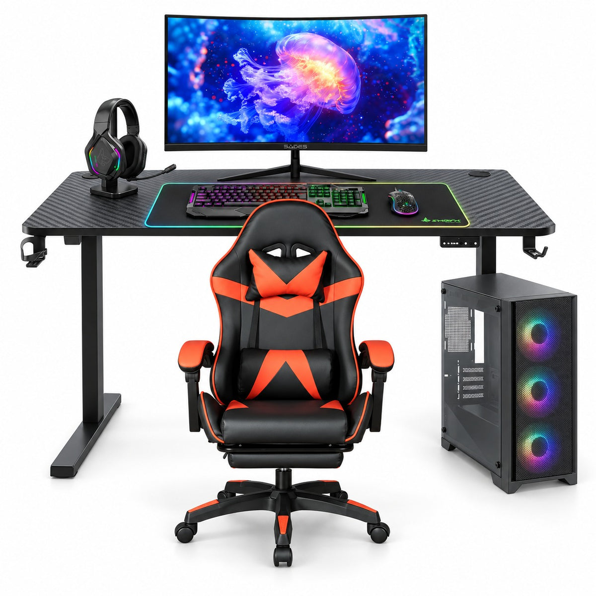 Bundle Offer Customize PC - i7-14700F / 32GB / 512GB (M.2 SSD) / RTX 5060 8GB / DOS + SADES Curved Gaming Monitor - 24" FHD + GADGETON Gaming Chair With Footrest + Twisted Minds Adjustable Gaming Desk + SHARX Jaws 4-in-1 Gaming Bundle